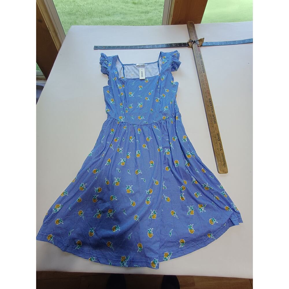 Loemes Blue Gingham Dress with Yellow Fruit Print - L